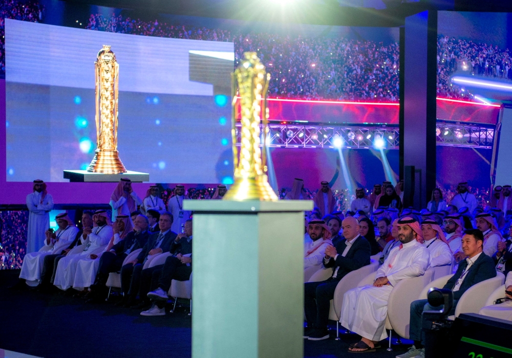 Saudi Crown Prince Mohammed bin Salman and Fifa president Gianni Infantino are seen during the Esports World Cup announcement in Riyadh October 23, 2023. — Saudi Press Agency handout pic via Reuters