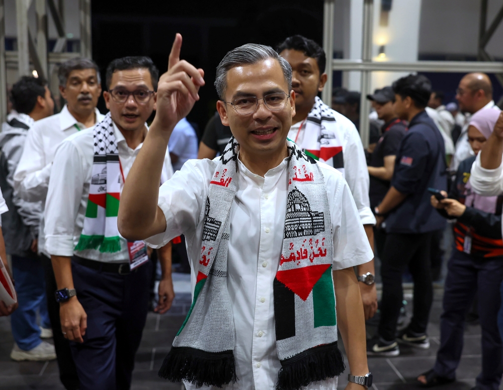 Communications and Digital Minister Fahmi Fadzil at the ‘Malaysian stands with Palestine Rally’ at the Axiata Arena in Bukit Jalil October 24, 2023. — Bernama pic