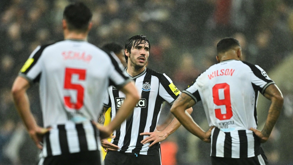 Newcastle United's Italian midfielder #08 Sandro Tonali (centre) reacts at the end of the Uefa  Champions League Group F football match between Newcastle United and Borussia Dortmund at St James' Park in Newcastle-upon-Tyne, north east England, on October 25, 2023.— AFP pic