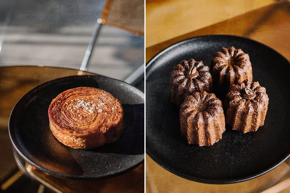 Sea salt 'kouign-amann' (left). Copper-hued canelés (right).