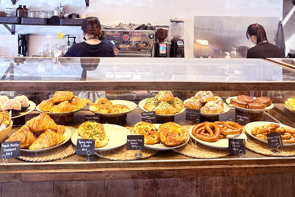 The carefully curated display of breads, pastries and pretzels.