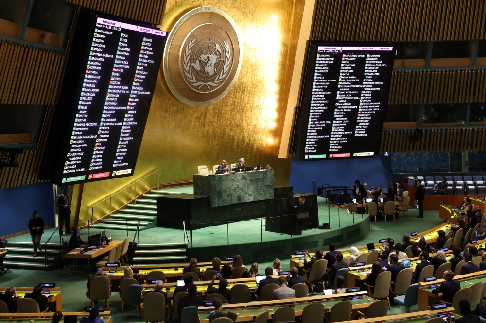 The results of a vote to adopt a draft resolution are shown on a display during an emergency special session of the UN General Assembly on the ongoing conflict between Israel and Hamas, at the UN headquarters in New York October 27, 2023. ― Reuters pic