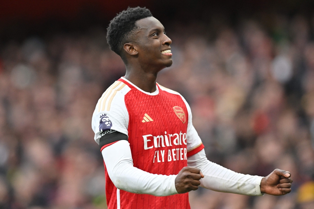 Arsenal's English striker #14 Eddie Nketiah celebrates after scoring their second goal during the English Premier League football match between Arsenal and Sheffield United at the Emirates Stadium in London on October 28, 2023. — AFP pic