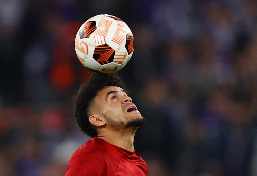 Liverpool's Luis Diaz during the warm up before the match against Touluse October 26, 2023. — Reuters pic