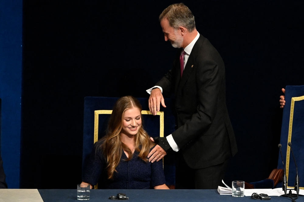 Spanish Crown Princess of Asturias Leonor (L) and Spain's King Felipe VI preside the 2023 Princess of Asturias award ceremony at the Campoamor theatre in Oviedo on October 20, 2023. — AFP pic