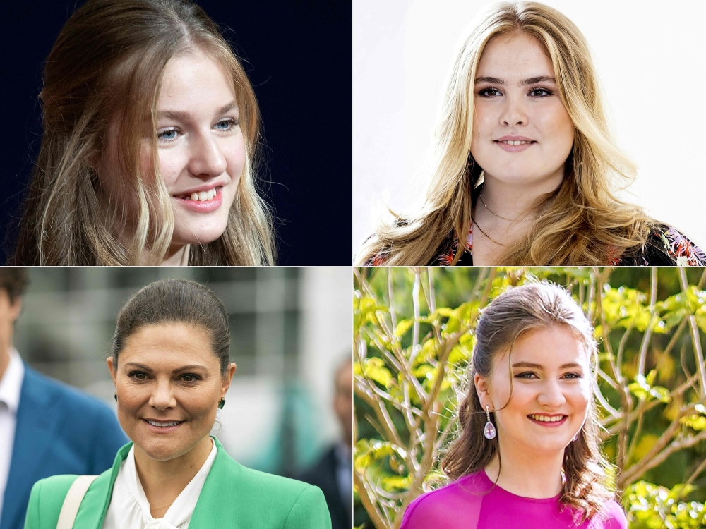 This combination of photographs created on October 26, 2023, shows (From top left to bottom right ) Spanish Crown Princess of Asturias Leonor smiling during the audience to 2022 Princess of Asturias award laureates at the Reconquista Hotel in Oviedo on October 28, 2022, Dutch Princess Amalia posing during a photo session at the Noordeinde Palace in The Hague, on June 24, 2022, Swedish Crown Princess Victoria arriving for a cruise through Amsterdam, The Netherlands, during a two-day-visit on the theme of sustainability, innovation and equal rights on June 7, 2022 and a handout photograph released by the Jordanian Royal Palace showing Belgium’s Princess Elisabeth arriving at the Zahran Palace in Amman on June 1, 2023 for the royal wedding ceremony of Jordan’s Crown Prince Hussein and Rajwa al-Saif. — Jordanian Royal Palace/AFP pic