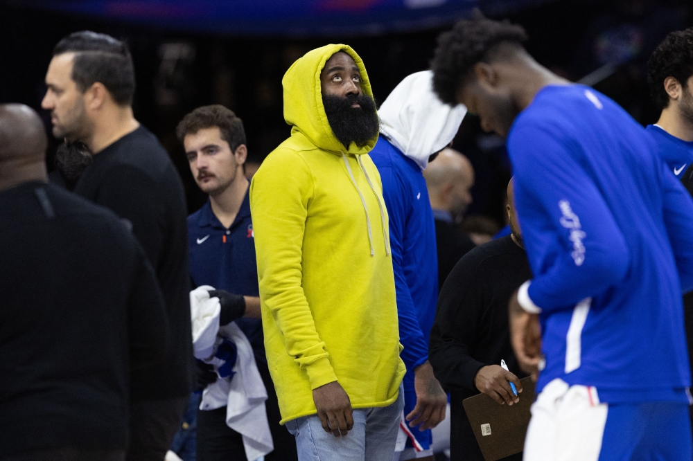 Philadelphia 76ers guard James Harden looks on during a timeout in the second quarter against the Portland Trail Blazers at Wells Fargo Center, Philadelphia, October 29, 2023. — Bill Streicher-USA TODAY Sports pic via Reuters 