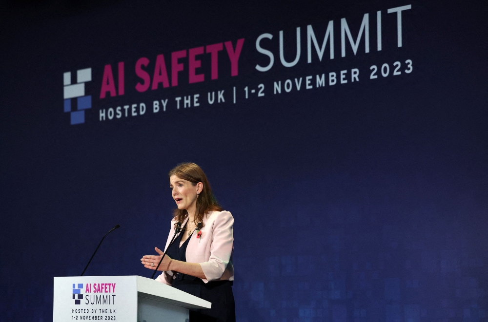 Britain’s Science, Innovation and Technology Secretary Michelle Donelan speaks during the UK Artificial Intelligence (AI) Safety Summit at Bletchley Park November 1, 2023. — Toby Melville/Pool/AFP pic   