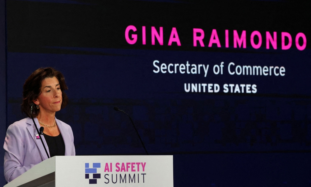 US Commerce Secretary Gina Raimondo speaks during the UK Artificial Intelligence (AI) Safety Summit at Bletchley Park, in central England, on November 1, 2023. — Toby Melville/Pool/AFP pic  