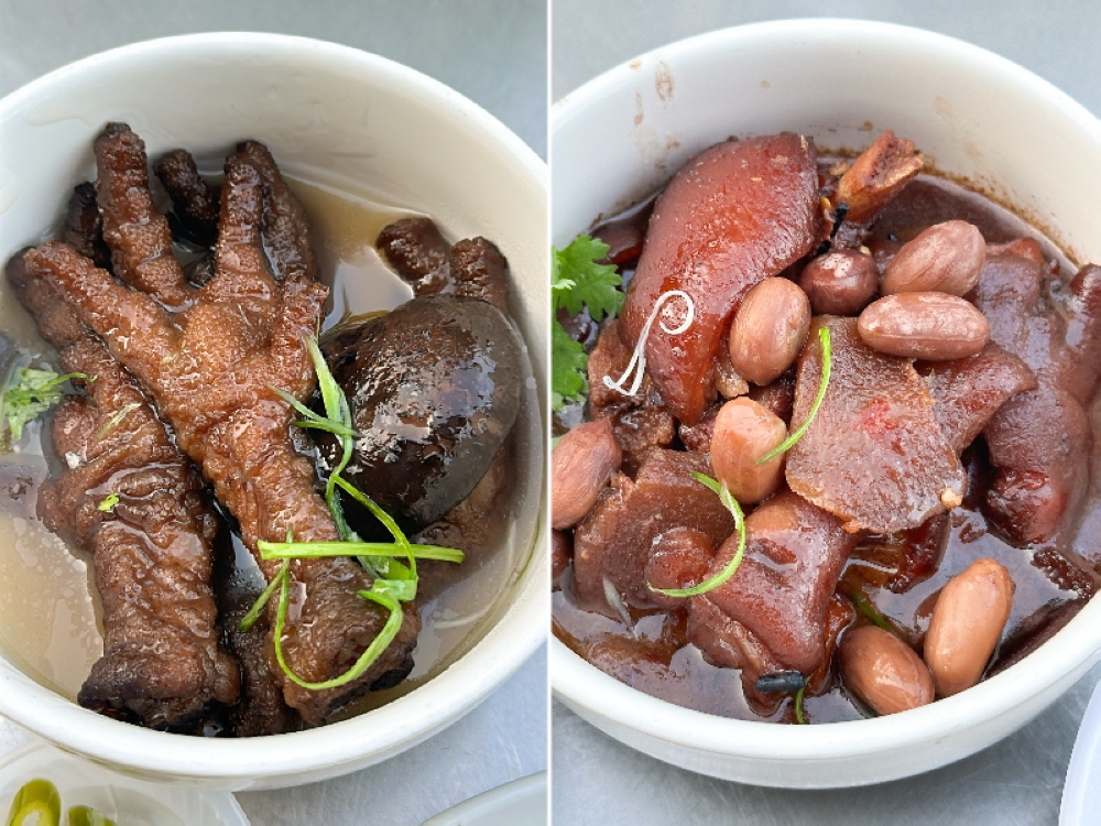 Wrinkly braised chicken feet and mushroom is one of the toppings you can get with your noodles (left). A special for the day was the superb braised pork trotters with peanuts (right)