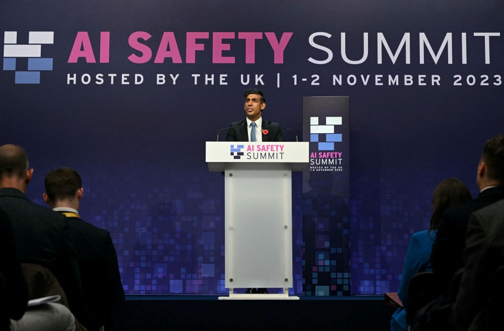 Britain's Prime Minister Rishi Sunak speaks during the closing press conference on the second day of the UK Artificial Intelligence (AI) Safety Summit at Bletchley Park, Milton Keynes, Britain November 2, 2023. — Justin Tallis/Pool via Reuters pic