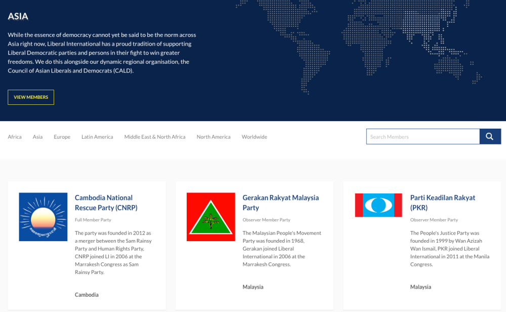 Screencap of Liberal International's page listing its affiliates in Asia.