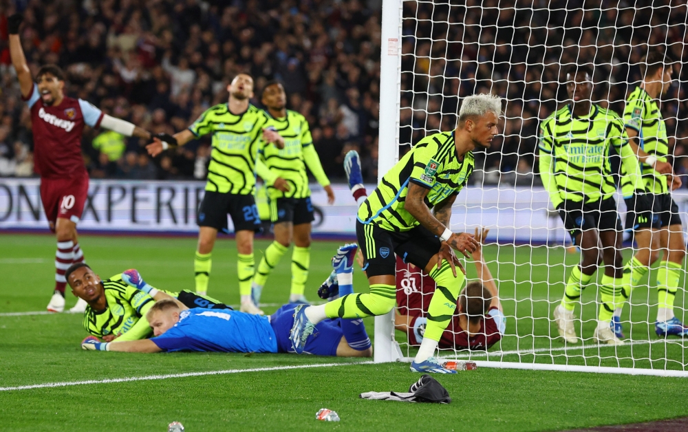 Arsenal's Ben White reacts after scoring an own goal and West Ham United's first, at the London Stadium in London November 1, 2023. — Action Images via Reuters