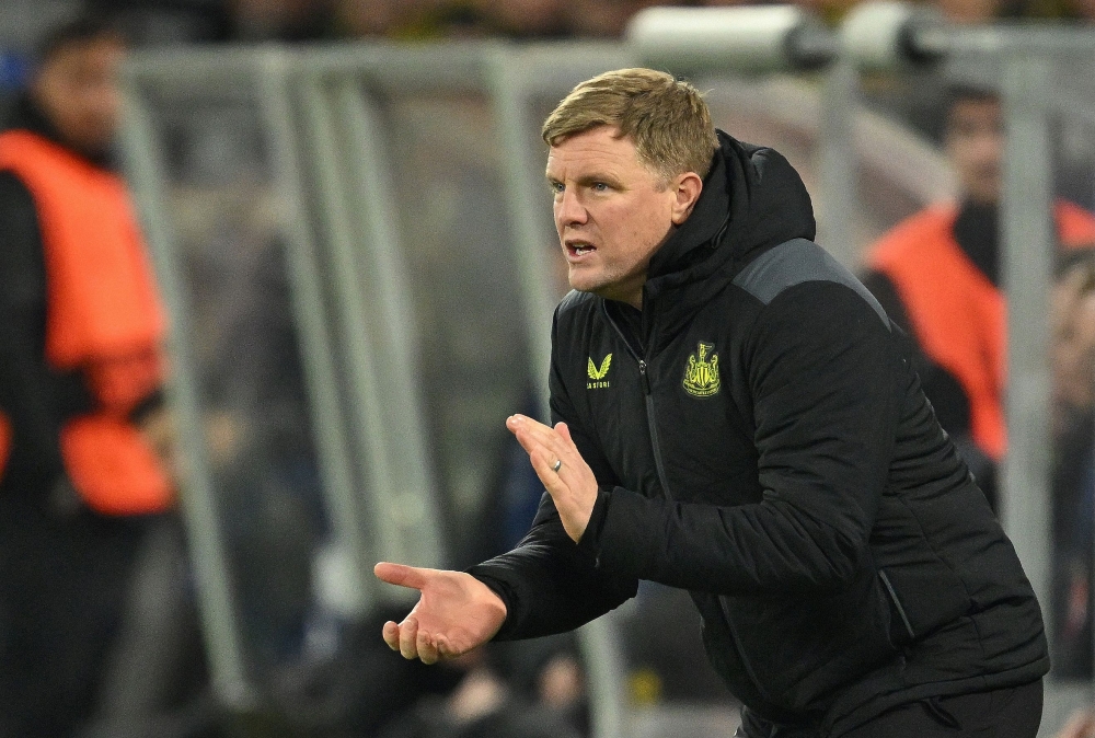 Newcastle United's English head coach Eddie Howe reacts from the sidelines during the Uefa Champions League Group F football match between BVB Borussia Dortmund and Newcastle United FC in Dortmund, western Germany on November 7, 2023. — AFP pic