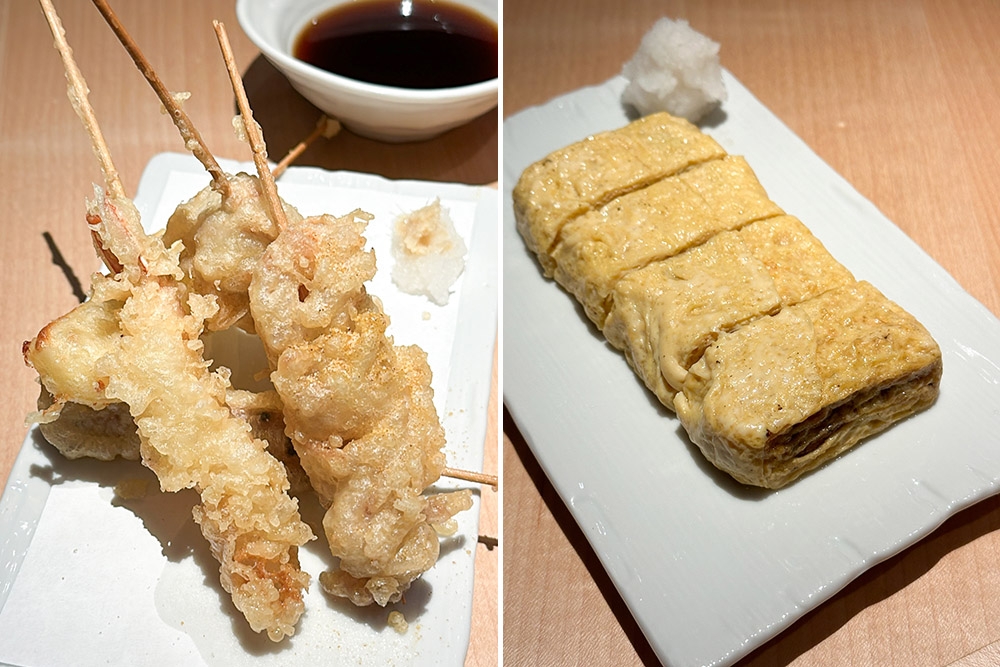 Assorted 'tempura' was an interesting mix of pork belly, cheese and the usual prawns but the batter was a bit heavy handed (left). Dashi Tamago is satisfying fluffy and served warm (right).