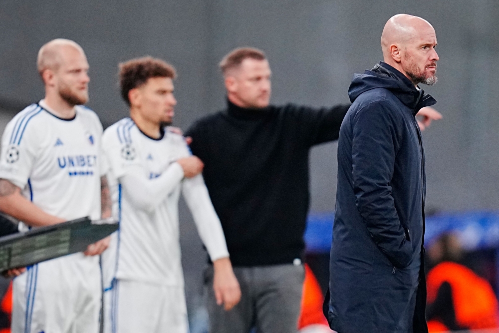 Manchester United manager Erik ten Hag looks on during the Uefa Champions League Group A football match between FC Copenhagen and Manchester United FC in Copenhagen, Denmark on November 8, 2023. — Ritzau Scanpix pic via AFP