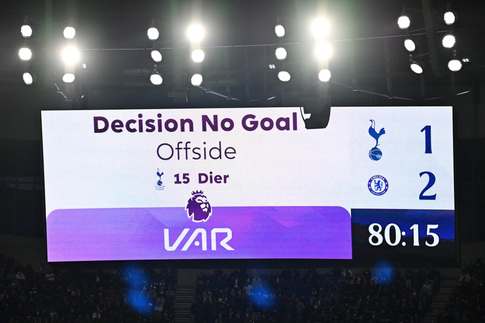 A screen displays the 'No Goal' decision following a VAR review during the English Premier League football match between Tottenham Hotspur and Chelsea at Tottenham Hotspur Stadium in London, on November 6, 2023. — AFP pic