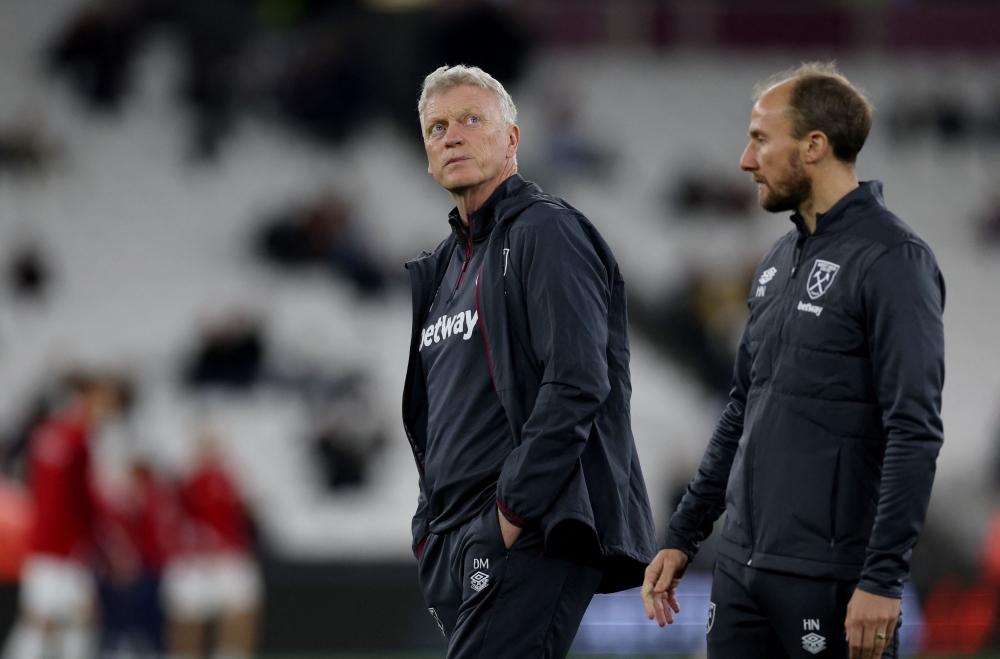 West Ham United manager David Moyes during the warm-up before the match against Olympiacos at London Stadium, London, November 9, 2023. — Action Images pic via Reuters 