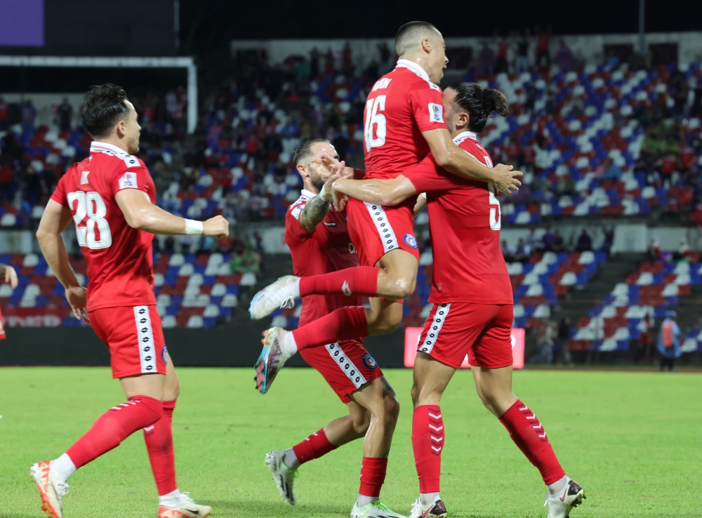 Sabah FC players celebrate after striker Daniel Ting’s (right) goal during the AFC Cup Group H match against Vietnam’s Hai Phong FC at Likas Stadium in Kota Kinabalu in this file picture taken on November 9, 2023. Sabah FC confirmed advancing to the knockout round of the AFC Cup after defeating Hougang United of Singapore 4-1 at Jalan Besar Stadium in the republic tonight. — Bernama pic