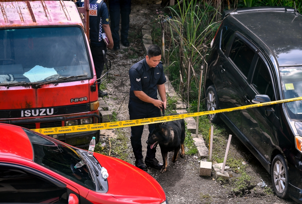 A sniffer dog from the Bukit Aman Detective Unit (K9) was brought to the location where the body of Zayn Rayyan Abdul Mattin was found, which was 200 meters away from his residence in Apartment Idaman, Damansara Damai, to assist in the investigation December 10, 2023. — Bernama pic