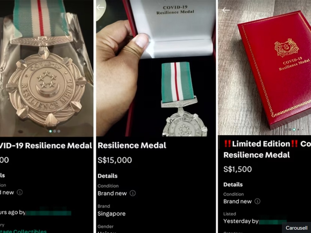 Screenshots of Carousell listings selling Covid-19 Resilience Medals. — Carousell/TODAY pic 