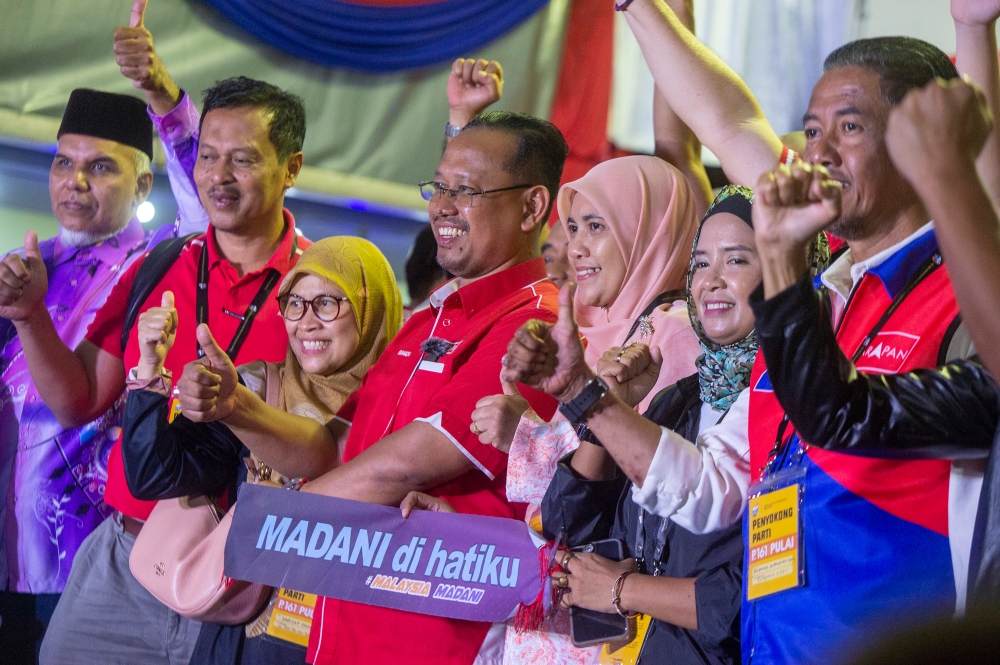 Newly elected Pulai member of parliament, Suhaizan Kayat reacts during announcing of Pulai by-election result at Dewan Jubli Intan Sultan Ibrahim in Johor Bahru on September 9,2023. Picture by Shafwan Zaidon