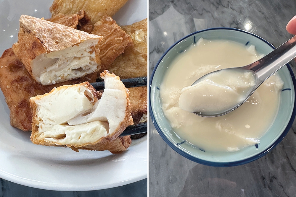 The Signature Ipoh Mountain Water Fried Big Taufu has a creamy bean curd with fish paste, encased in a crunchy shell (left). For dessert, opt for the Ipoh Taufu Fah with Ipoh Soy Milk after a satisfying meal here (right).