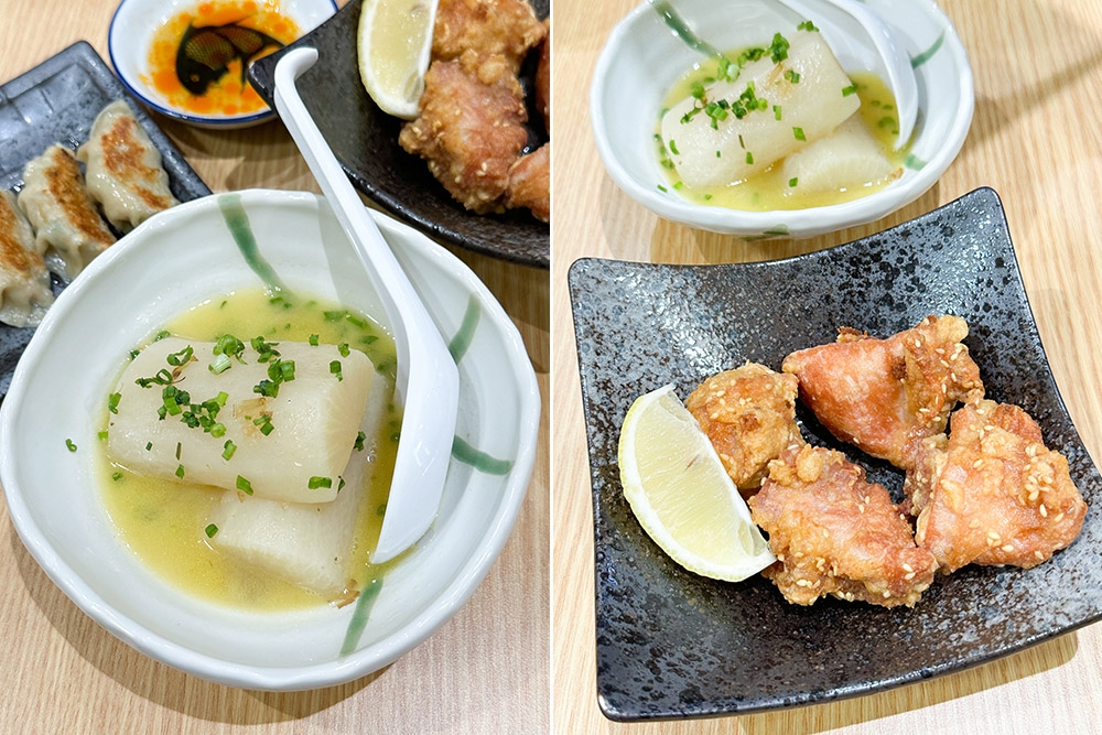 Daikon is paired with the chicken broth sprinkled with bonito flakes for added umaminess (left). Don't forget to grab some crispy 