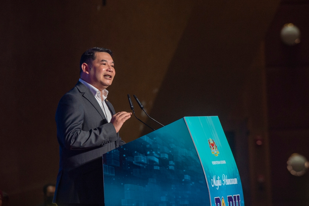 Economic minister, Rafizi Ramli delivers his speech during the launch of the Central Database Hub (Padu) at Putrajaya International Convention Centre (PICC) in Putrajaya, January 2, 2024. — Picture by Shafwan Zaidon