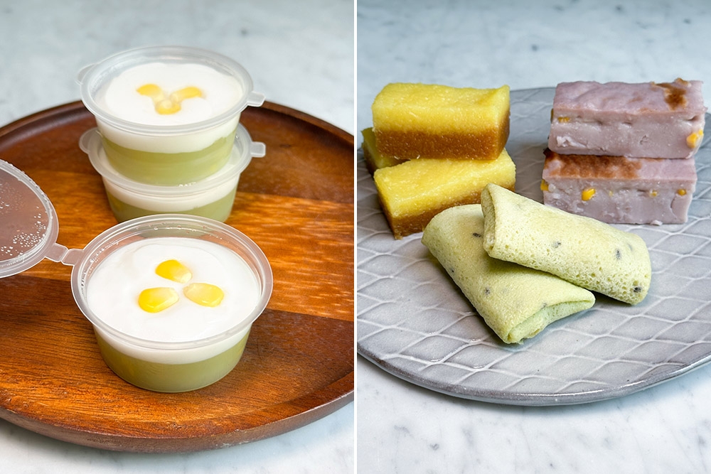 The Tako is served chilled in small plastic cups (left). On weekends, you get to sample more sweets like the Tapioca Kuih, Purple Rice Kuih and their version of Kuih Ketayap studded with black sesame seeds (right).