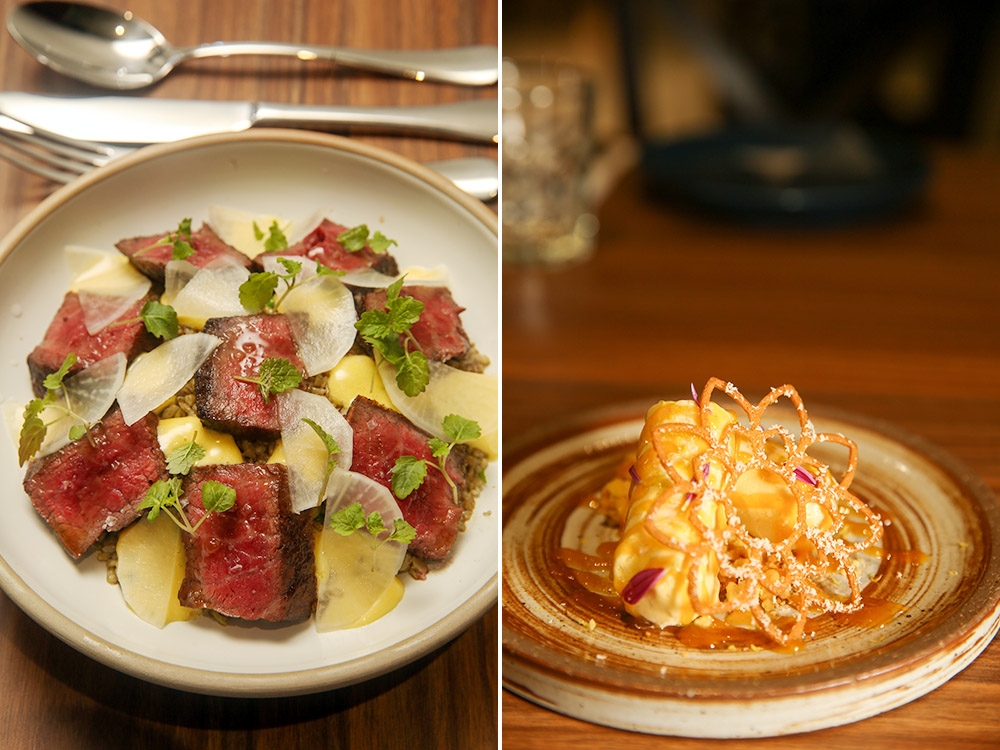 Wagyu Freekah is a decadent bowl of a grain topped with melt in the mouth Wagyu oyster blade brightened up with lime aioli and pickled daikon (left). Olive Oil Ice Cream is a silky, luxurious revelation with a delicate tuile, apricot and hazelnuts (right).