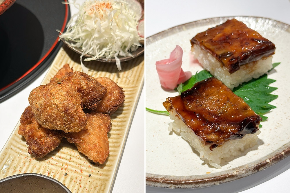Trick your brain to think it's chicken as this 'karaage' is made from chunky lion mane mushrooms (left). Is it 'unagi' sushi? Sorry no fish was used for this as they cleverly use eggplant to mimic grilled eel (right).