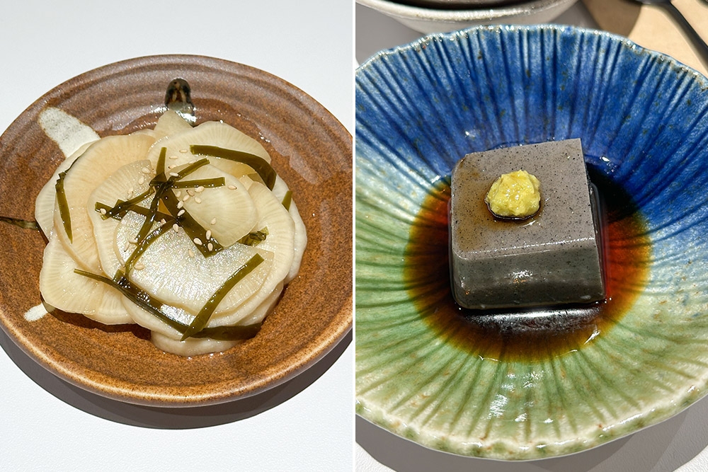 Cleanse the palate with crunchy pickled daikon (left). Goma Tofu is a one pop of silky smooth black sesame beancurd (right).