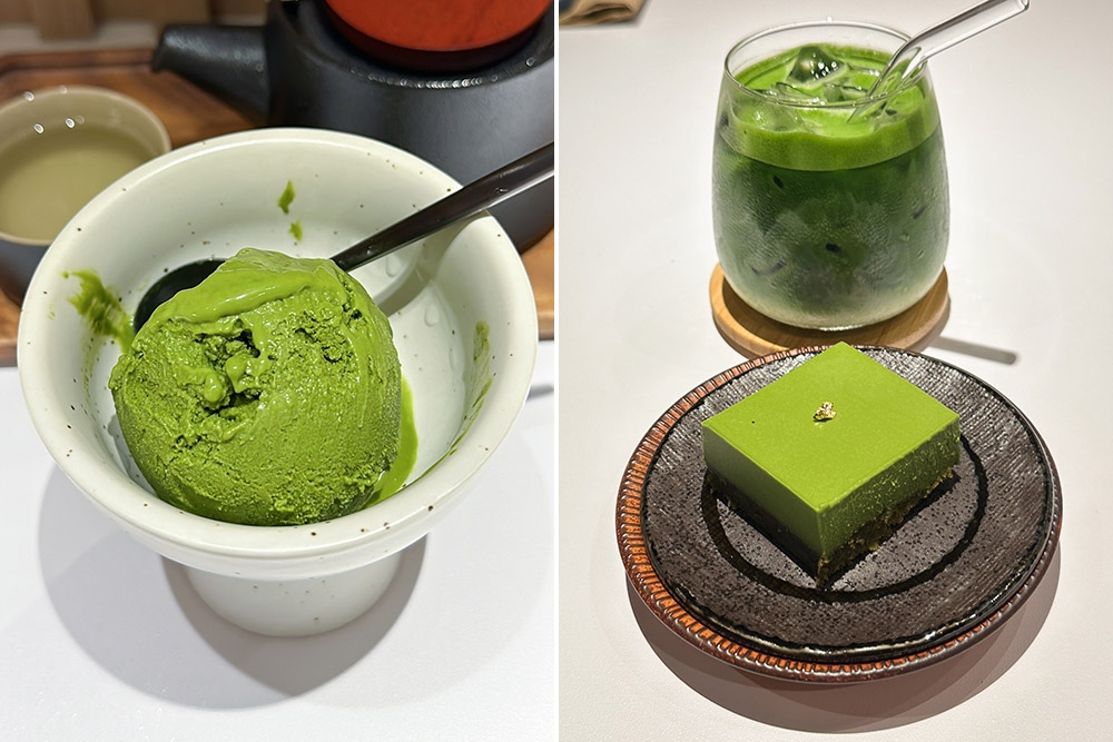 Vegan ice cream may be eggless but the Uji Matcha Ice Cream has a rich matcha taste (left). Go green with Matcha Latte and their superb Kyoto Uji Matcha Mousse Cake with a creamy, light texture (right).
