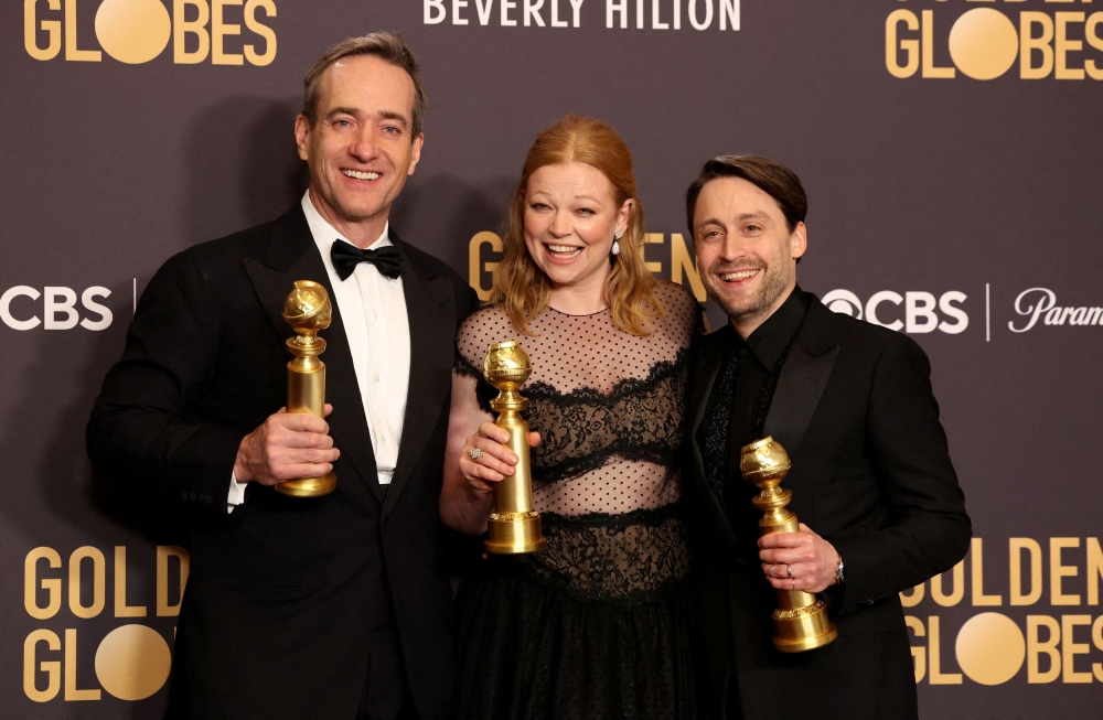 File photo of Sarah Snook, Matthew Macfadyen, and Kieran Kulkin posing with the awards for Best Performance by a Female Actor in a Television Series Drama for ‘Succession’, Best Performance by a Male Actor in a Supporting Role on Television for ‘Succession’, and Best Performance by a Male Actor in a Television Series for ‘Succession’ at the 81st Annual Golden Globe Awards in Beverly Hills, California, US, January 7, 2024. — Reuters pic