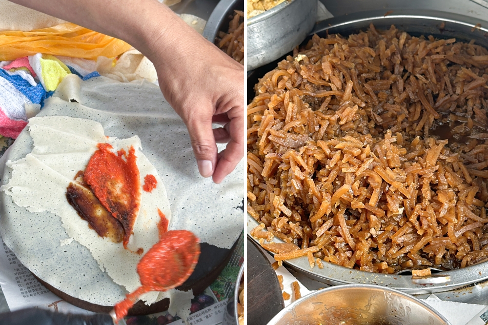 Brown sauce and chilli sauce is added to the homemade skin (left). Stewed yam bean is darker in colour, probably a nod towards the family's Hokkien heritage (right).