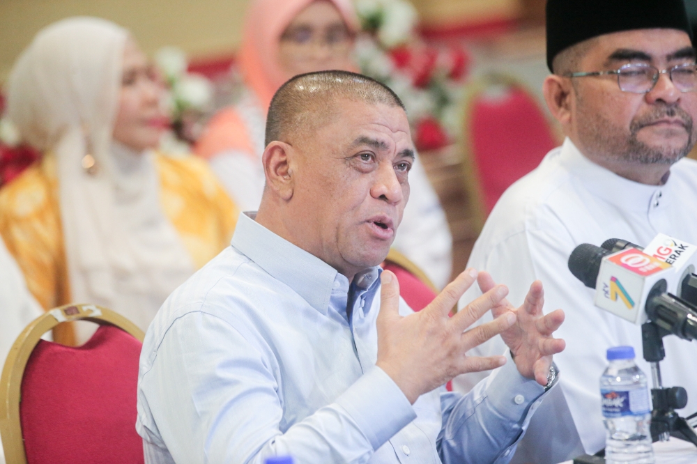 Perak Menteri Besar Datuk Seri Saarani Mohamad speaking to press at the Perak Umno Building Headquarters in Ipoh, Perak, January 15, 2024. — Picture by Farhan Najib