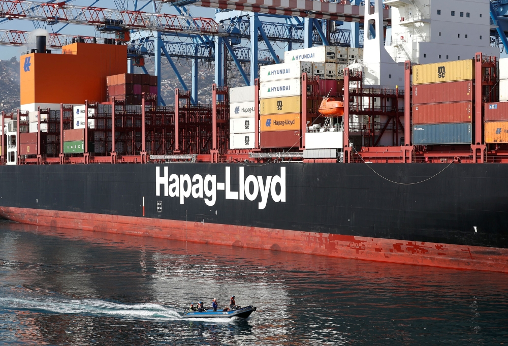 Hapag-Lloyd sign on a container ship is pictured at the Valparaiso port, Chile January 11, 2024. — Reuters pic  