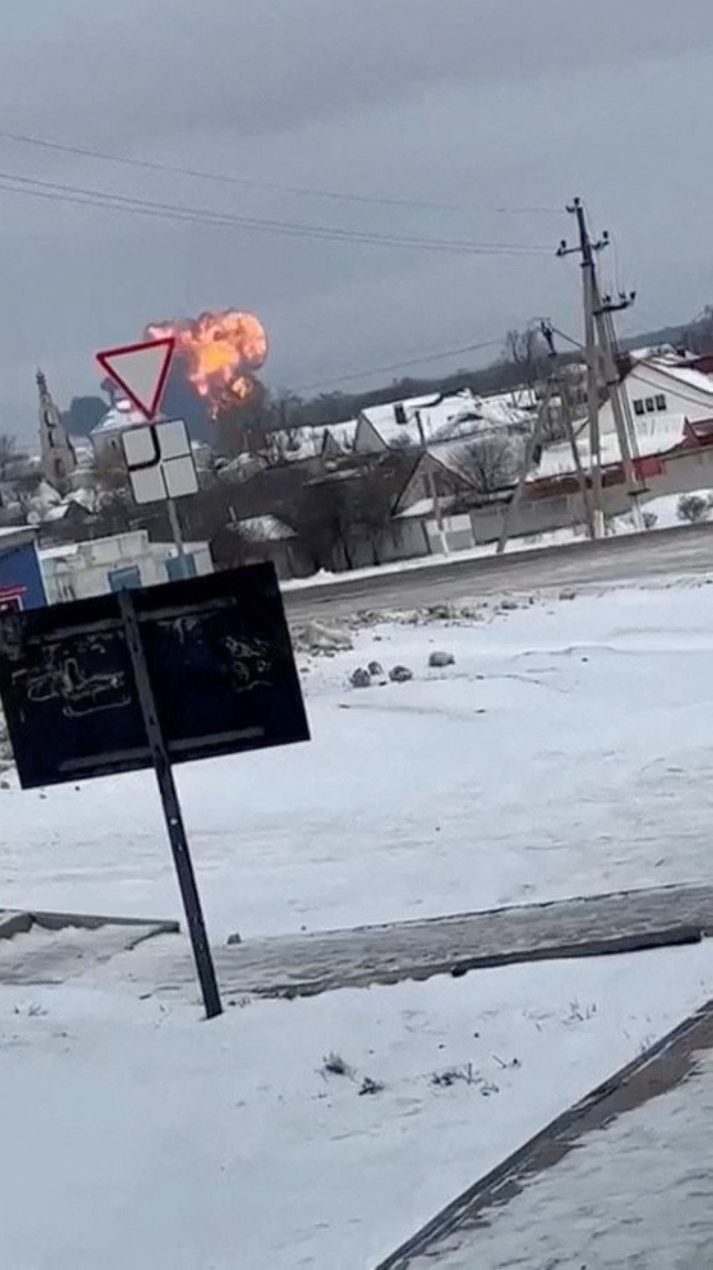 This screen grab from a social media video shows a Russian military transport plane crashing near Yablonovo, Belgorod Region, Russia. — Reuters pic