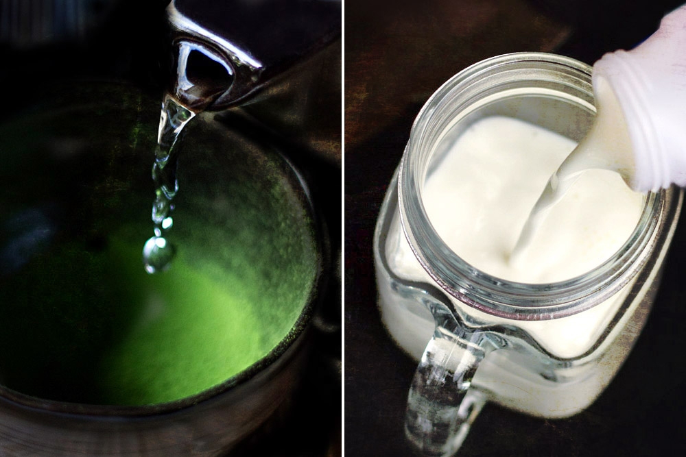 Add hot water to the sifted matcha powder before whisking (left). Full-cream milk (right).