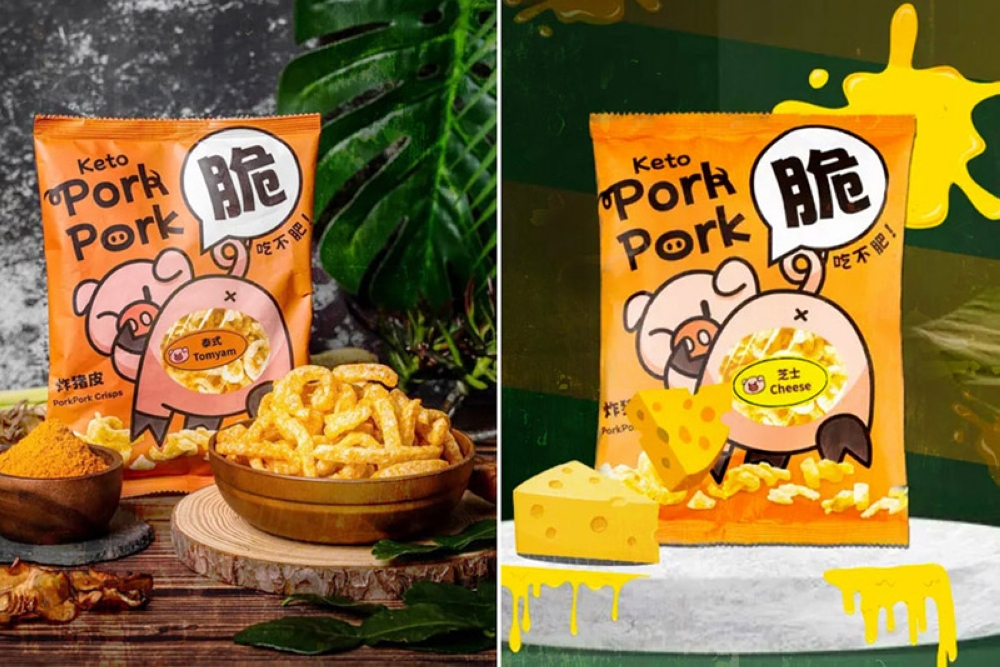 New flavours of Keto Pork Pork Crisps include Tom Yam and Cheese.