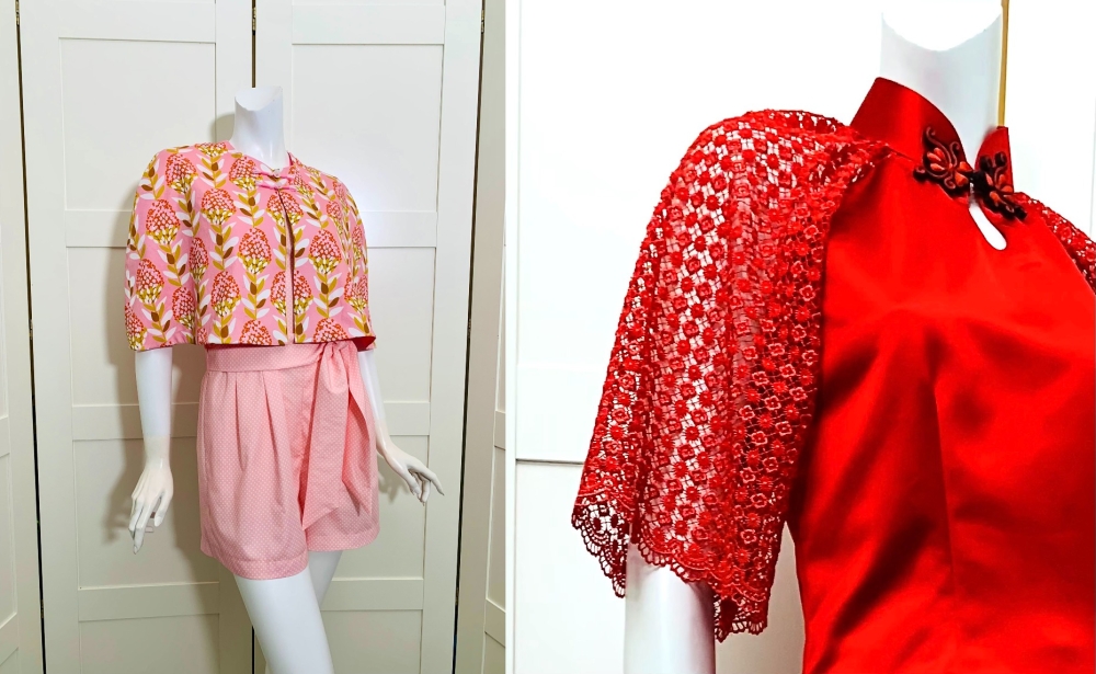 Romper with capelet and (right) red lattice sleeves on a ruby red blouse. — Pictures courtesy of Peter Lum