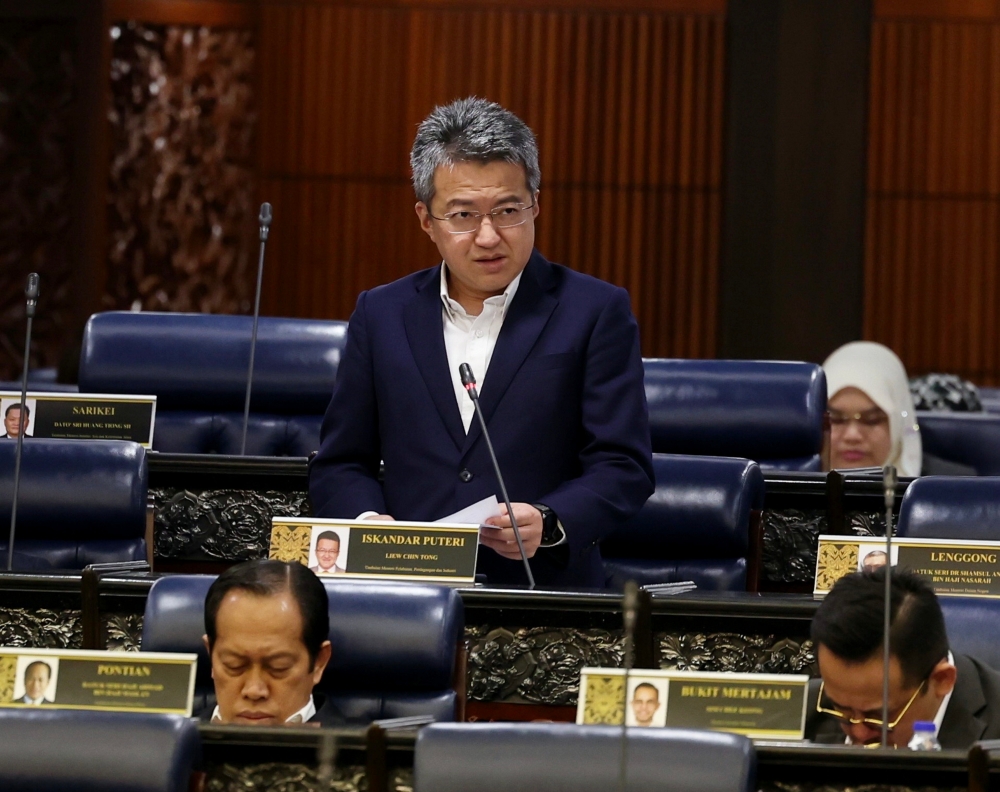 Deputy Investment, Trade and Industry Minister Liew Chin Tong speaks at the Dewan Rakyat in Kuala Lumpur February 28, 2024. — Bernama pic