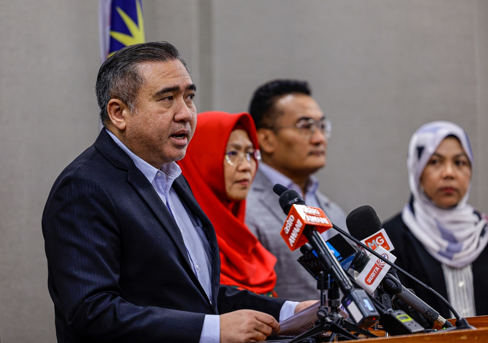 Transport Minister Anthony Loke holds a press conference at the lobby of the Parliament building, in Kuala Lumpur March 6, 2024. — Bernama pic