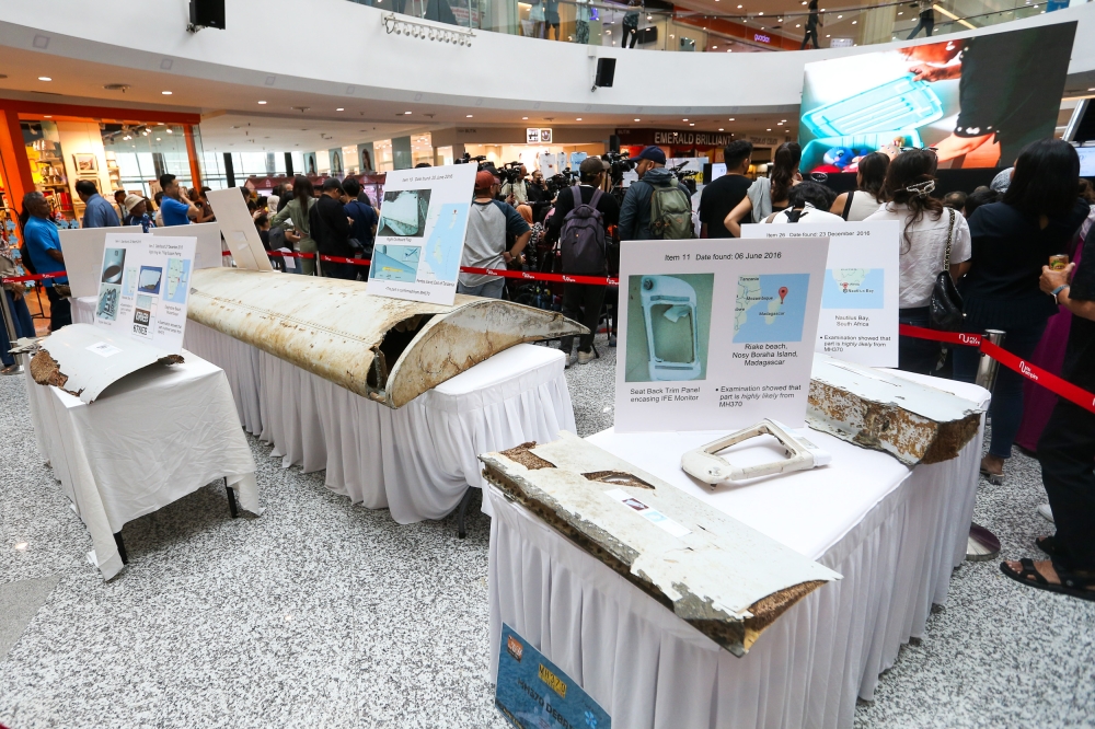 Debris from flight MH370 are seen during the 10th year commemoration of the disappearance of MH370 in Subang Jaya March 3, 2024. — Picture by Miera Zulyana