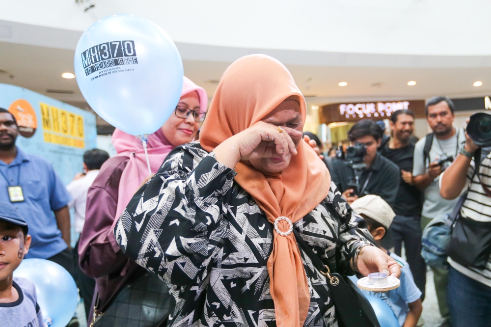 Family members of MH370 victims gather during the 10th year commemoration of the disappearance of MH370 in Subang Jaya March 3, 2024. — Picture by Miera Zulyana