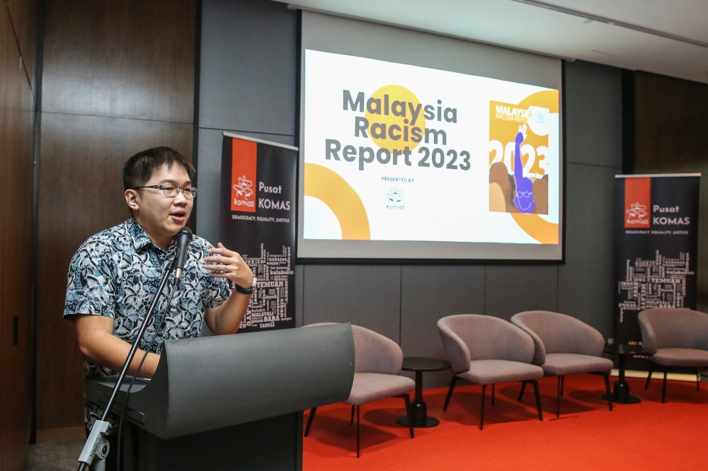 Pusat Komas programme director Ryan Chua speaks during the Launch of 2023 Malaysia Racism Report at Le Meridien Hotel in Petaling Jaya March 15, 2024. — Picture by Yusof Mat Isa