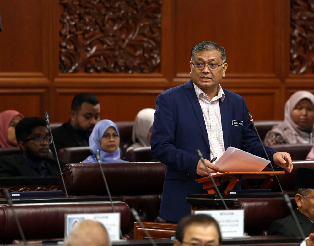 Deputy Home Minister (KDN) Datuk Seri Shamsul Anuar Nasarah speaks during the Dewan Negara sitting today. — Bernama pic