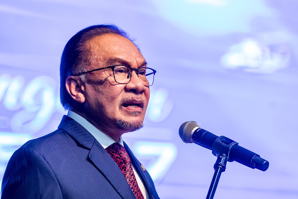 Prime Minister Datuk Seri Anwar Ibrahim speaks during the 217th Police Day Commemoration Celebration 2024 at Police Training Centre (Pulapol) in Kuala Lumpur March 25, 2024. — Picture by Firdaus Latif