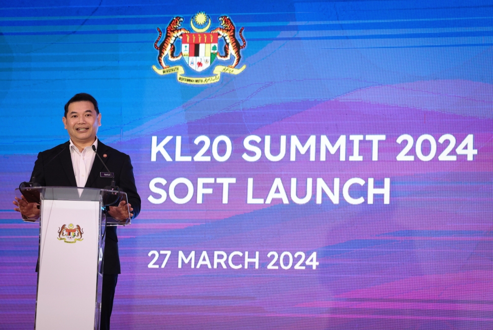 Economy Minister Rafizi Ramli delivers a speech at the soft launch of KL20 Summit 2024 at the Parliament Banquet Hall in Kuala Lumpur March 27, 2024. — Bernama pic